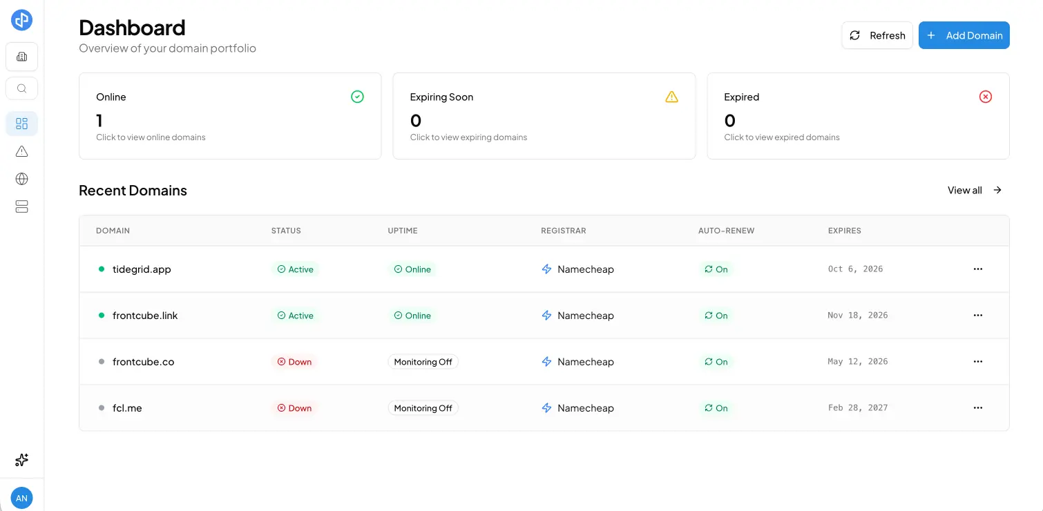 Domain Pilot dashboard showing domain portfolio overview