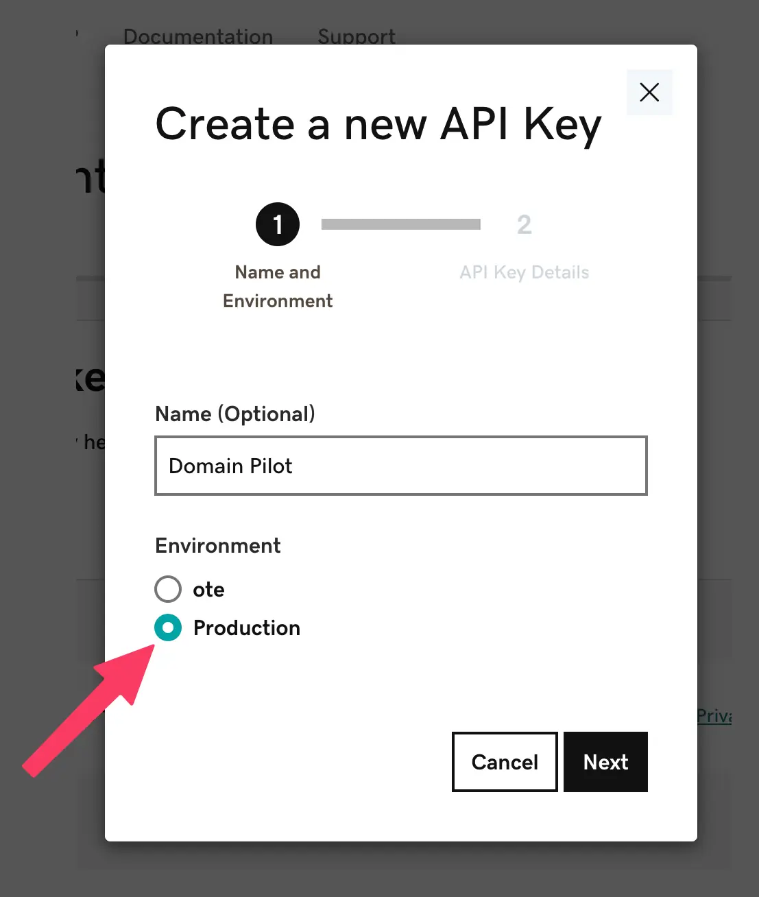 Create a new API Key — set name and select Production
