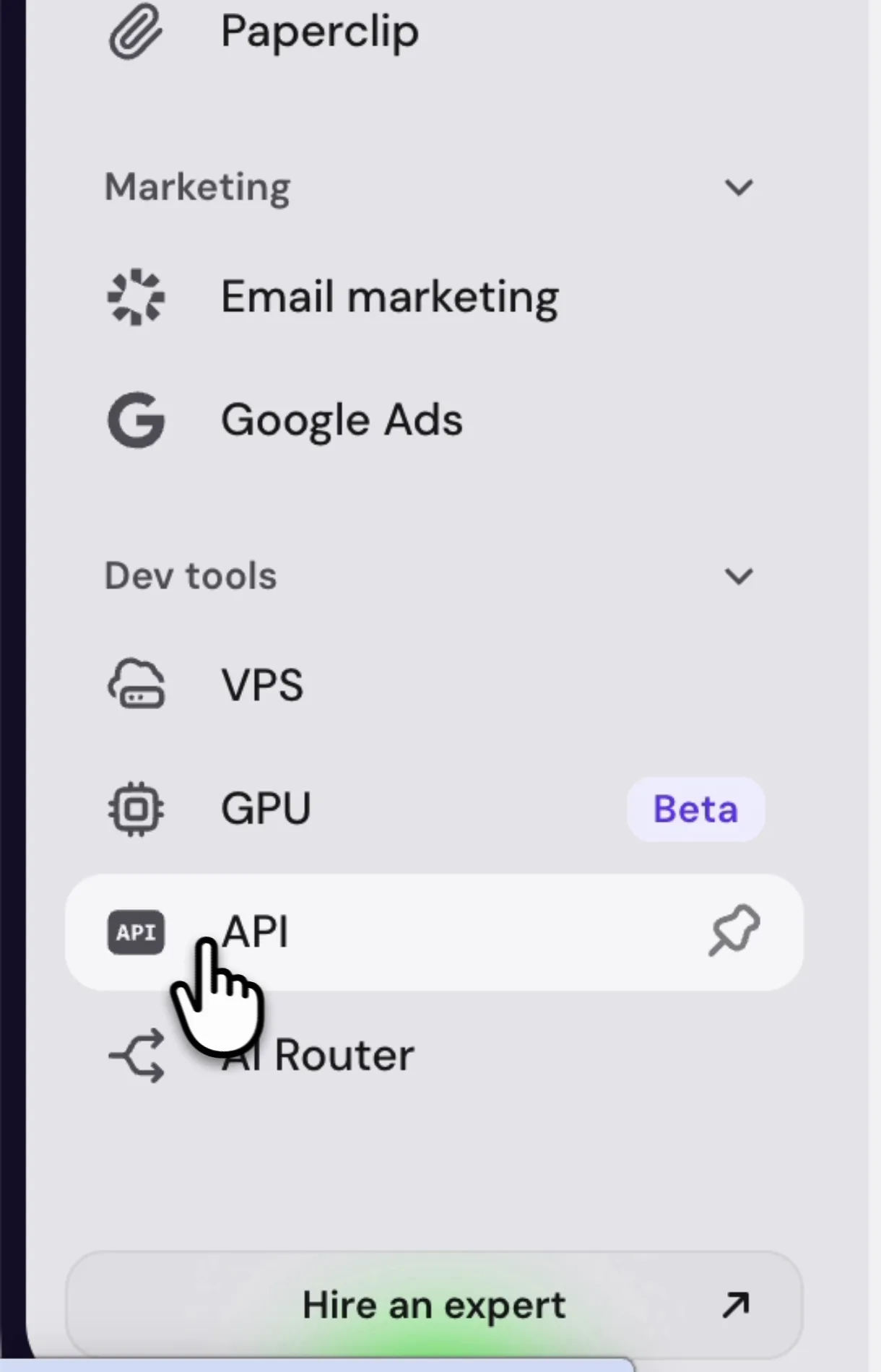 Click API under Dev tools in the left navigation