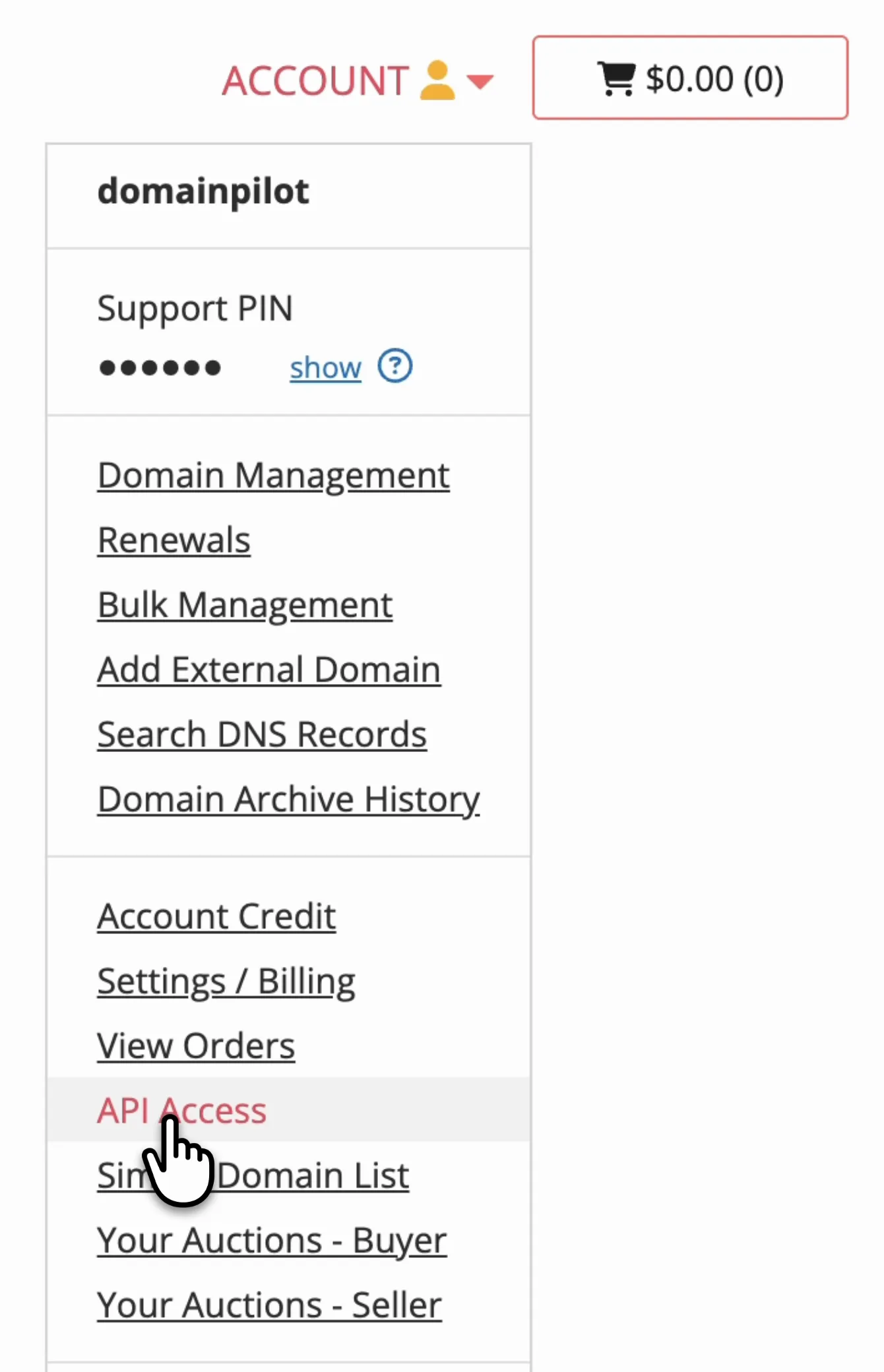 Open the Account menu and select API Access